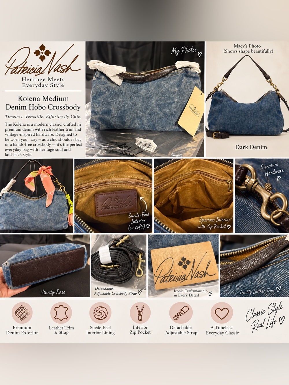 Patricia Nash Kolena Medium Denim Hobo Crossbody Bag – Dark Denim – New With Tag